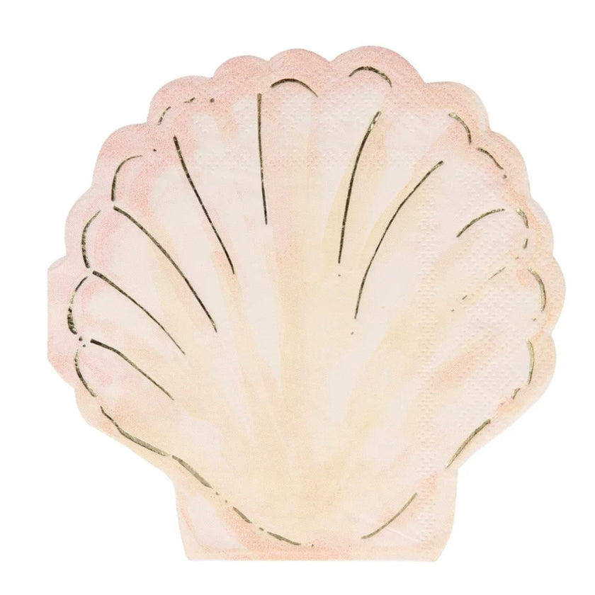 A scalloped shell-shaped paper plate in a pale pink and cream watercolor style with black line details, isolated on a white background.