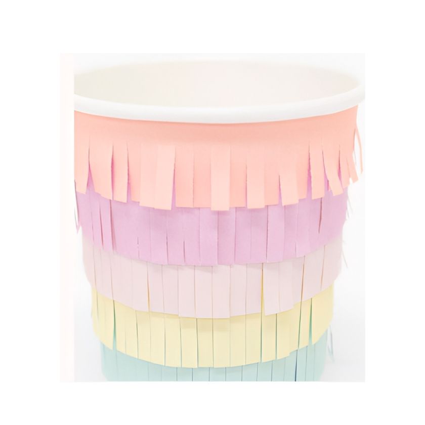 close up image of meri meri's fringed layered pastel cups