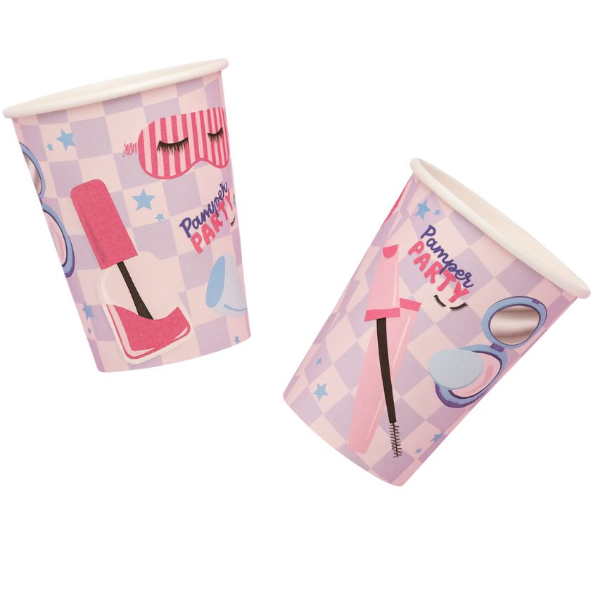 Two paper cups with cosmetic-themed design on a white background