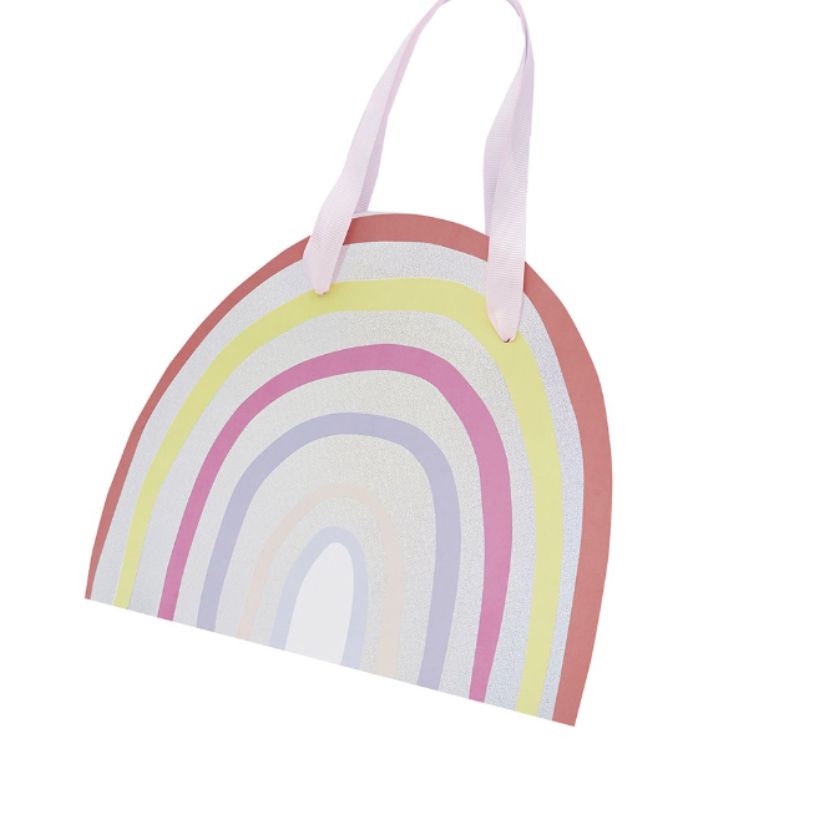 Pastel rainbow-shaped favour bag with sparkle detail & pink ribbon handles