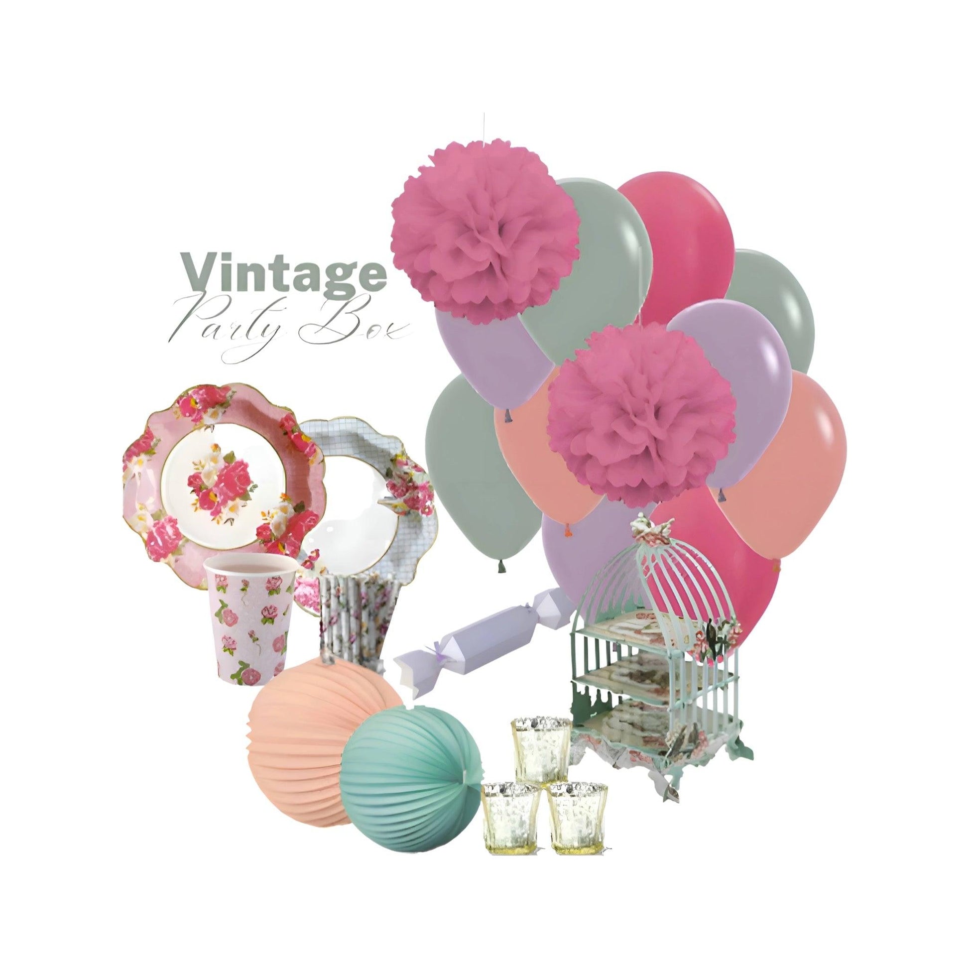 All Inclusive Party Box With Balloons, Plates, Cups, Straws, Lanterns, Cake Stand, Bon Bons & tissue Puff Balls.