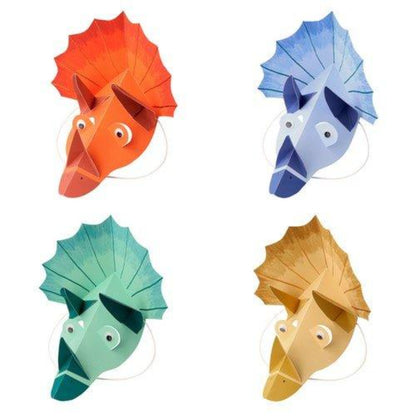 Dinosaur Party Hats in 4 colours, orange, blue, green and gold and shaped like a Triceroptop with googly eyes.