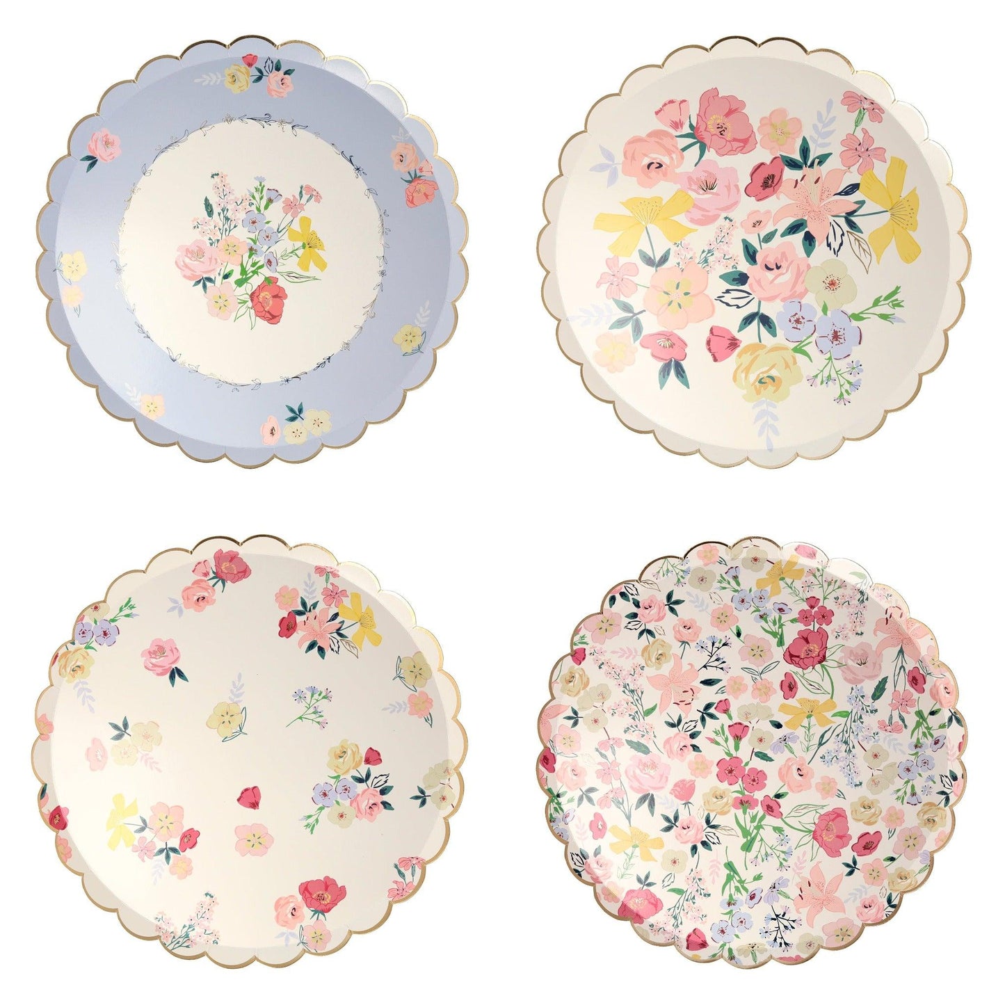 Meri Meri English garden dinner plates in soft lilac, pink, lemon and green floral patterns. 
