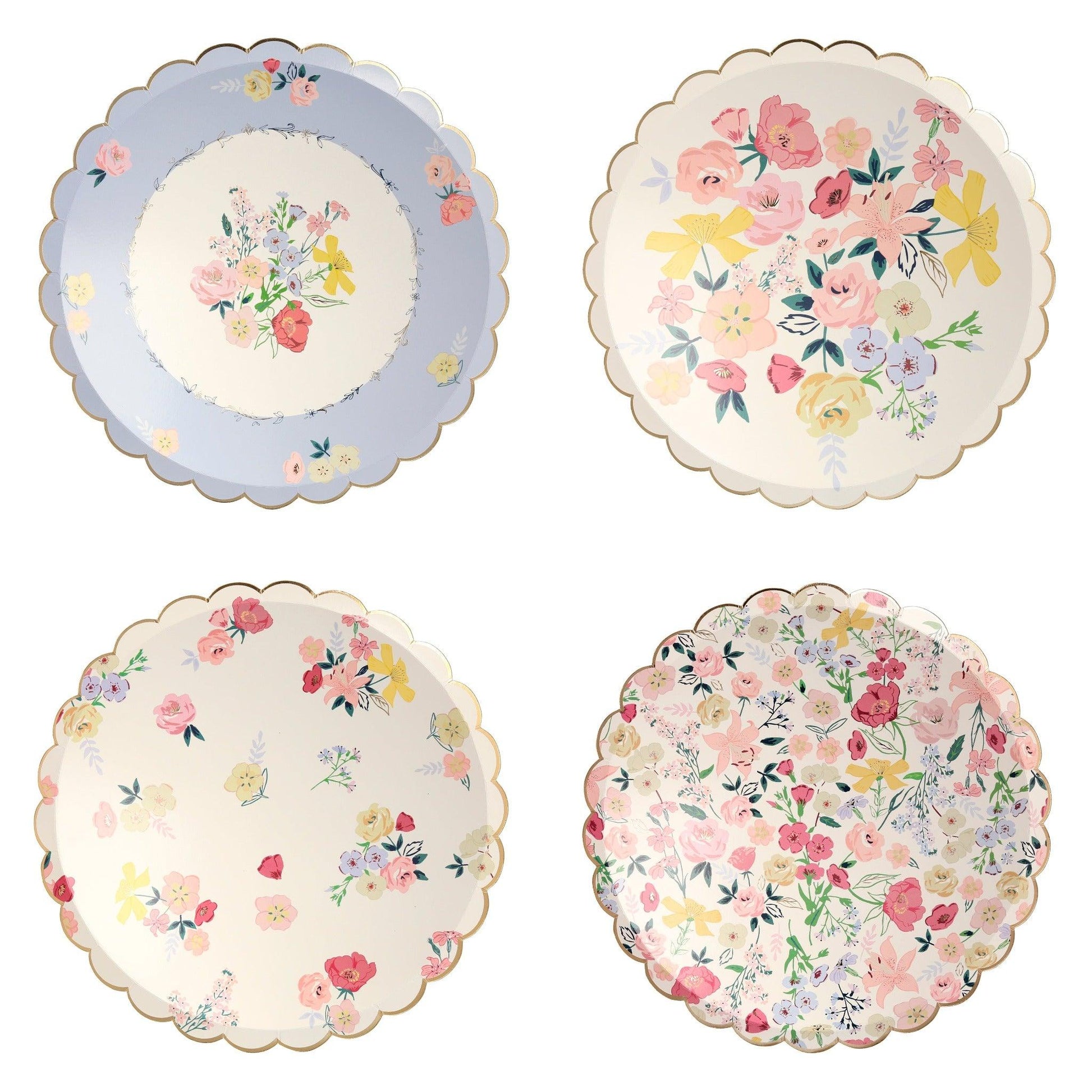 Meri Meri English garden dinner plates in soft lilac, pink, lemon and green floral patterns. 