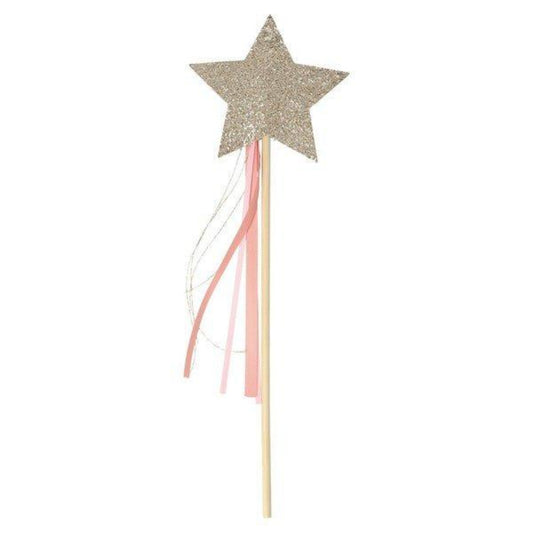 Wand with Gold Glitter Star and Bamboo Handle with Pink Ribbon