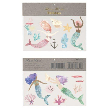 Gorgeous 2 pack of Temporary Mermaid Tattoos featuring mermaids, fish, coral, seahorse, starfish and seaweed.
