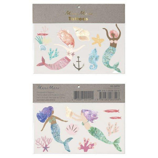 Gorgeous 2 pack of Temporary Mermaid Tattoos featuring mermaids, fish, coral, seahorse, starfish and seaweed.