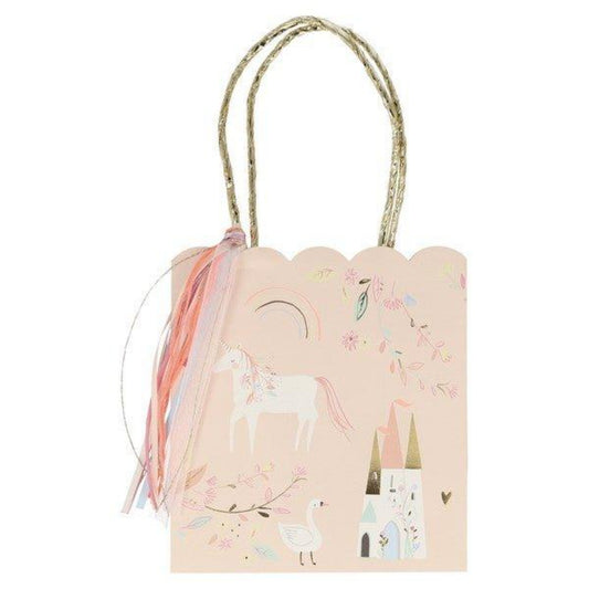 Meri Meri princess party bag in pastel peach with castle, swan and unicorn print and gorgeous pastel raffia tassels