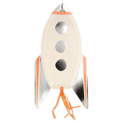 Meri  Meri rocket shaped plates in white with orange and silver detail and orange raffia on bottom for fire