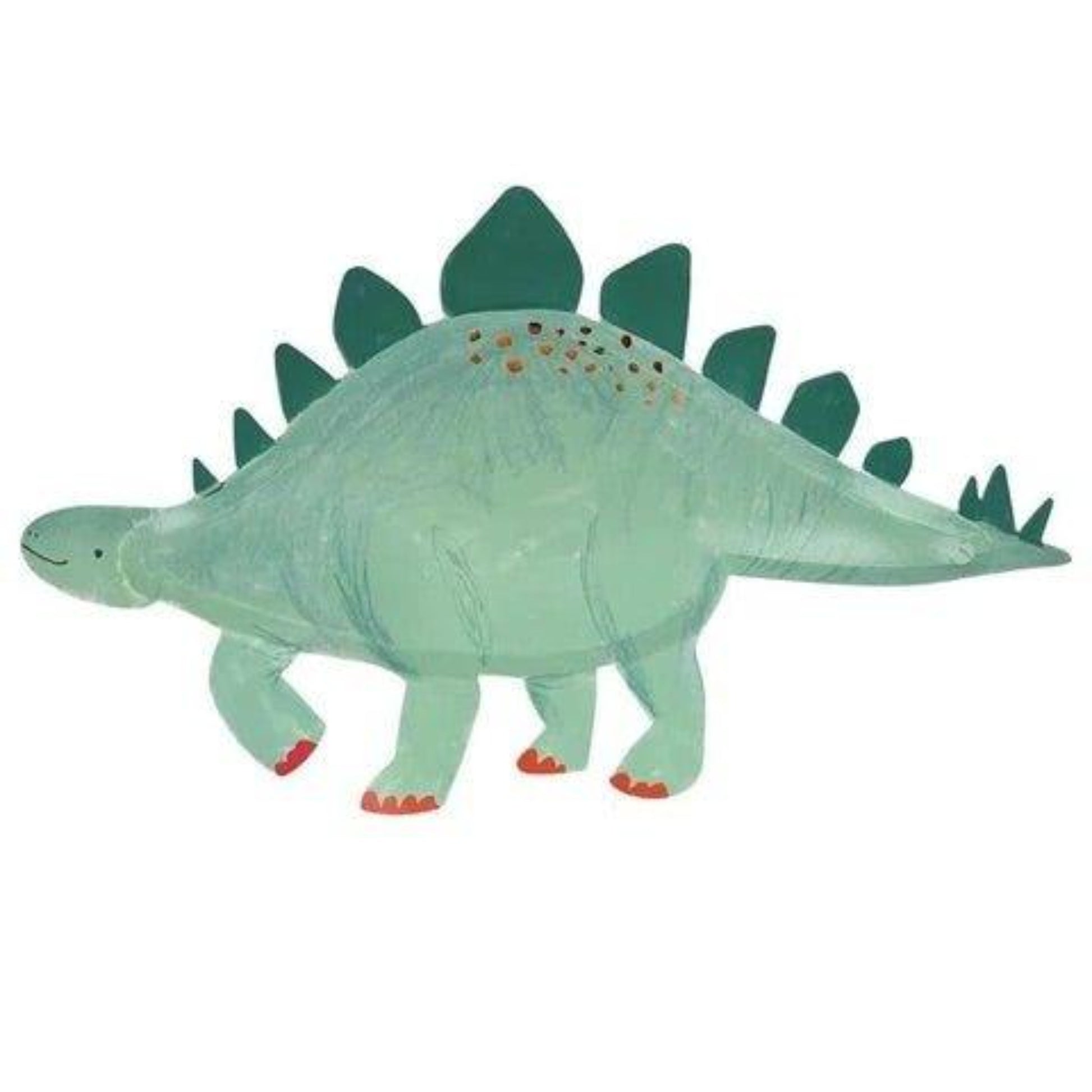 Green stegosaurus platters with red tipped feet and copper dinosaur detail. 4 pack