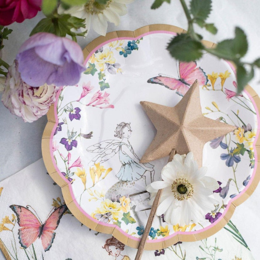 Image of magical Talking Tables dessert plate with fairies, butterflies and flowers on a partytable