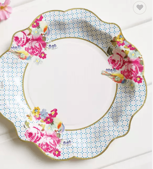 Elegant, vintage paper party plates in pastel blue and pink floral