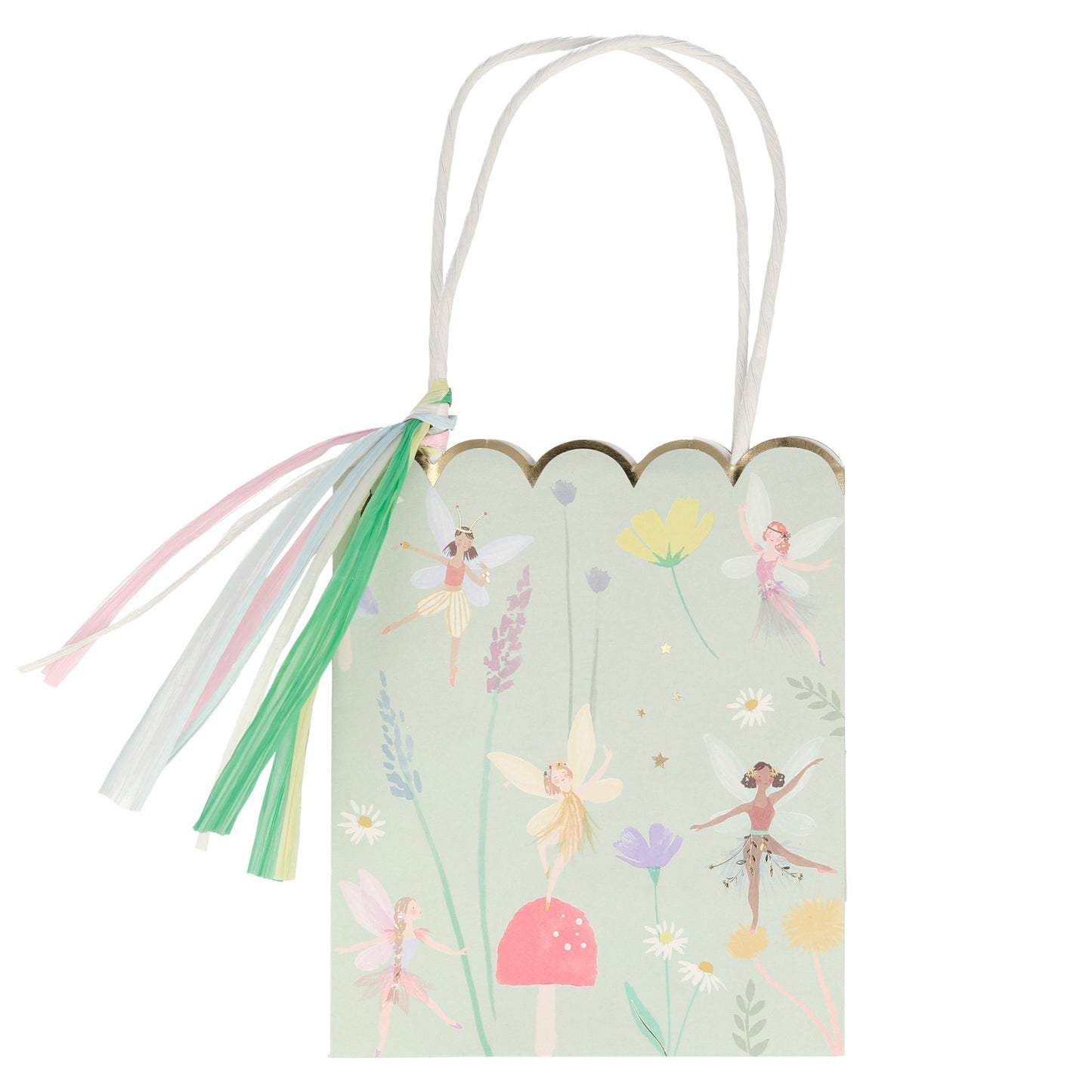 Fairy Party Bag in Mint with raffia tassels and printed with fairies, toadstools and lilac flowers
